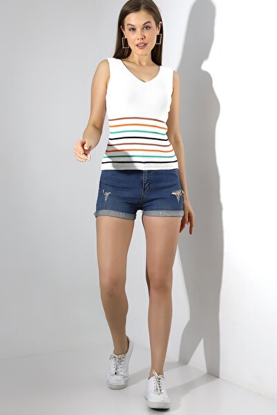 Devinka Γυναικεία πλεκτή μπλούζα εκρού έγχρωμη ριγέ Μπροστά πίσω V