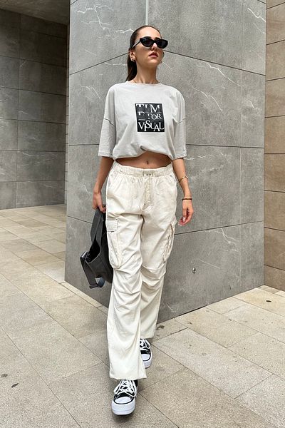 Nazliye Ecru Cargo Jogger Pants