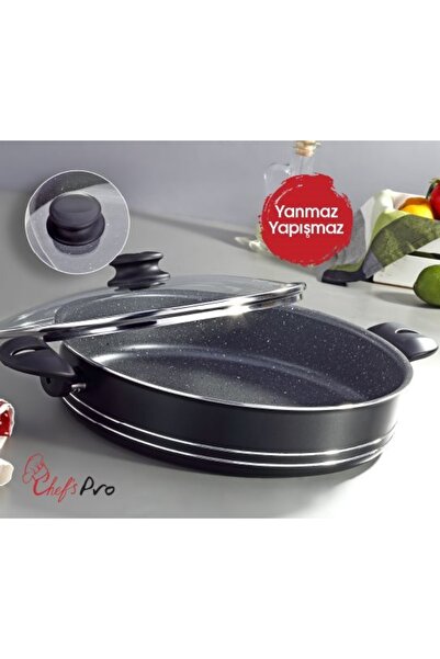 Chef 's Pro 32cm Granit Efektli Cam Kapaklı Karnıyarık Tenceresi ( Yanmaz - Y...