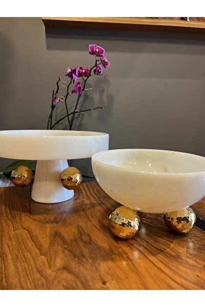 MIARIK DESIGN & DEKORASYON Beyaz Mermer Gold Pirinç Top Detayli Kase Ve Sunum...