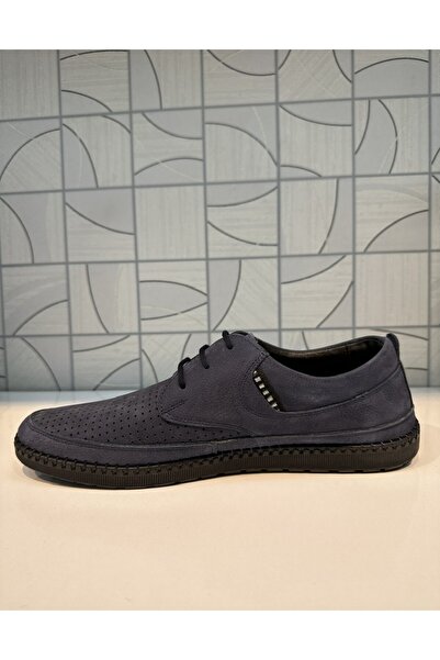 Anıl Ayakkabı Castle Black 771 Синій нубук Чоловічі шнуровані ортопедичні перфоровані зручні повсякденні черевики з натуральної шкіри