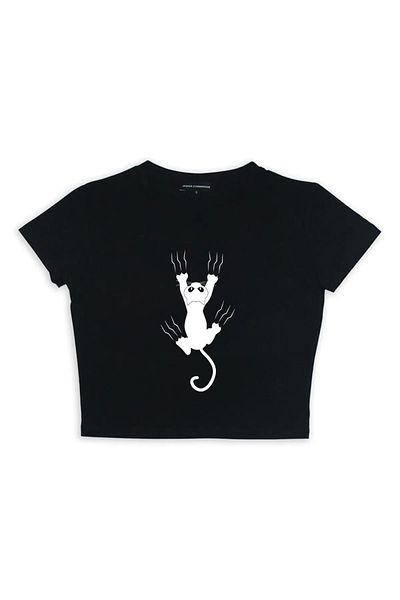Gofeel Angry Cat Print Black Color Harajuku Women's Crop Blouse T-Shirt
