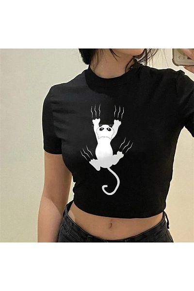 Gofeel Angry Cat Print Black Color Harajuku Women's Crop Blouse T-Shirt