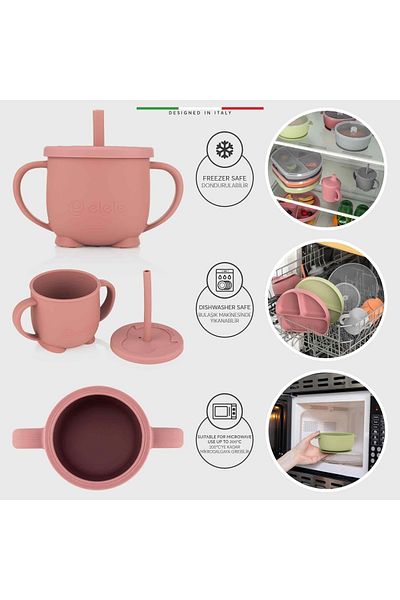 Elele 2in1 Silicone Baby Drinking Cup with Handle and Straw Rose