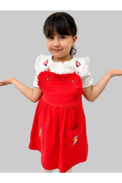 Esterella Kız Çocuk Elbise/ Çiçek Nakışlı /gömlekli Salopet Elbise/müslin Elbise