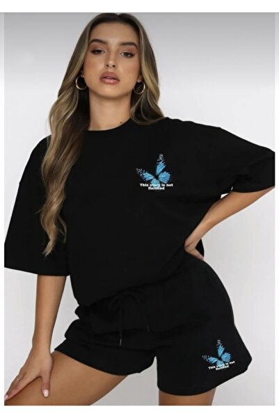 BYMEER Set de tricou cu pantaloni scurți pentru femei, negru, albastru, cu im...