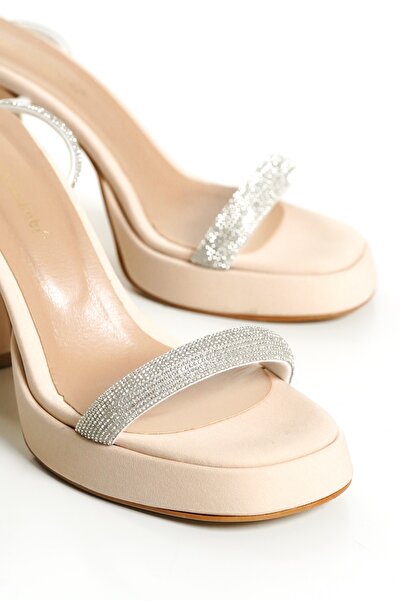 ZİESCE Women's Beige Single Strap Thick Stone Detailed Ankle-Tied Platform Evening Dress Shoes