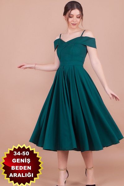 bayansepeti Flexible Atlas Fabric Low Shoulder Detailed Pleated Strap Midi Emerald Evening Dress 342
