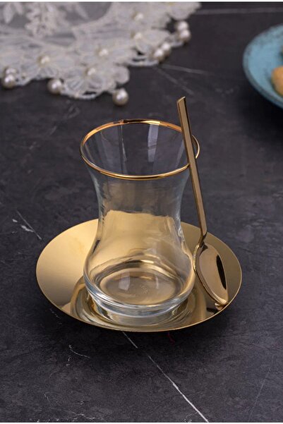 ÖZBURAK Gold 6 Kişilik 18 Parça Paslanmaz Çay Bardağı & Çay Servis Seti