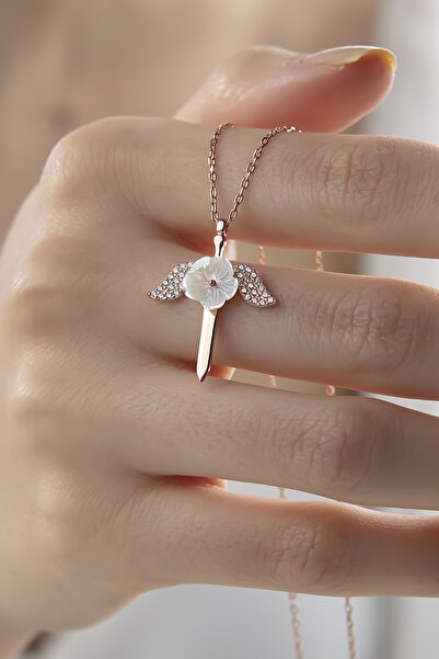 Gümüş Vadisi Kadın Orjinal 925 Ayar Gümüş Sedef Taşlı Manolya Çiçeği Melek Kanatlı Kılıç Model Kolye