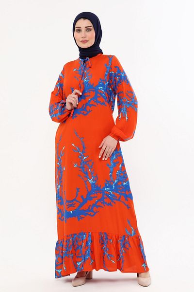 Kardelen Butik Ümraniye Hijab Long Cotton Summer Skirt with Ruffles Orange Dress