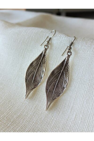 dela otantik Gümüş Renk Uzun Yaprak Küpe Sallantılı Küpe Bijuteri Bohem Takı Silver Leaf Earrings 6cm