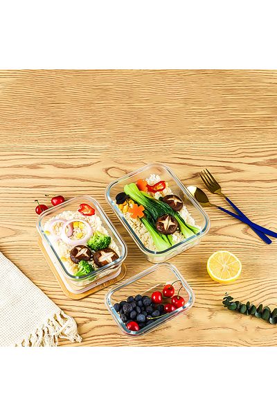 Senin Dükkanın 2-Piece Rectangular Vacuum Bowl Glass Storage Container with Bamboo Lid (1500 Ml)