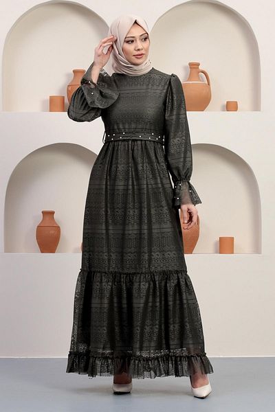 Modamihram Pearl Detailed Lace Evening Dress Khaki 12239