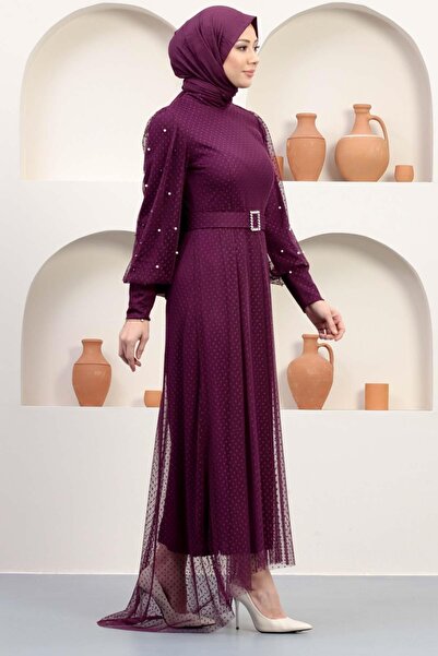 Modamihram Rochie de seara din tul cu centura de piatra, prune 12242