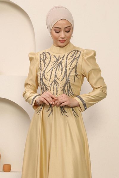 Modamihram Rochie de seara din satin cu pietre auriu 12247