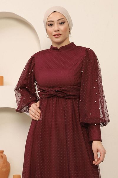 Modamihram Rochie de seara din tul cu perle Rosu Claret 12238