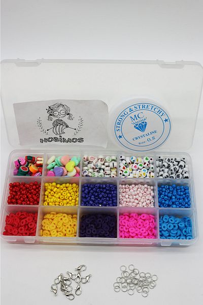 Hobimos Hobby Jewelry Making Set in Box with 15 Compartments - Sand Bead, Letter Bead, Fimo Set with Line