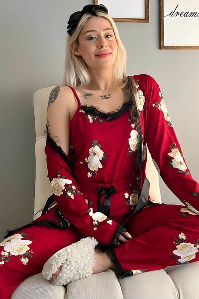 Pijamaevi Burgundy Floral Patterned Pegasus Pajama Set with Dressing Gown