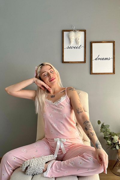 Pijamaevi Pink Daisy Lace Rope Strap Knitted Women's Pajama Set