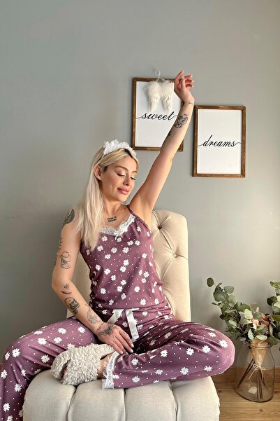 Pijamaevi Purple Spotted Daisy Lace Rope Strap Knitted Women's Pajama Set