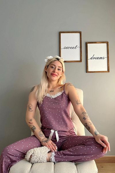 Pijamaevi Purple Polka Dot Daisy Lace Rope Strap Knitted Women's Pajama Set