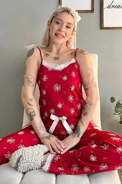 Pijamaevi Red Daisy Lace Rope Strap Gestricktes Damen-Pyjama-Set