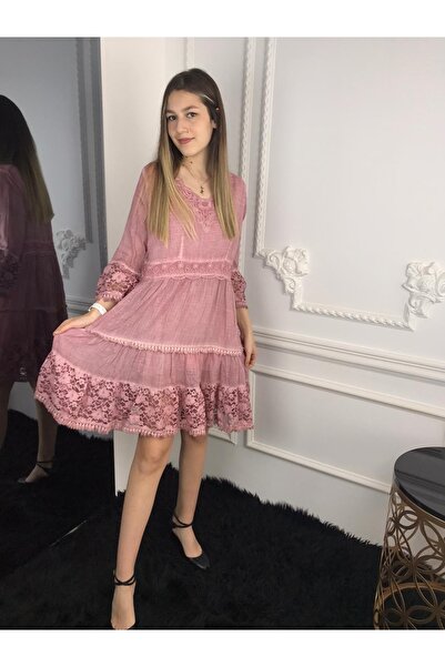 Bohemian Kadın Pudra Dantelli Çan Elbise