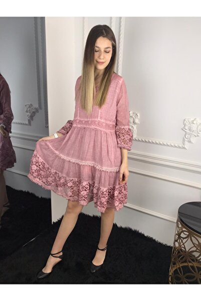 Bohemian Kadın Pudra Dantelli Çan Elbise