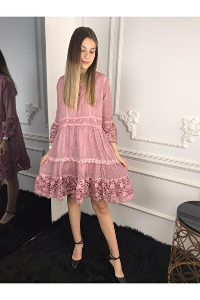 Bohemian Kadın Pudra Dantelli Çan Elbise