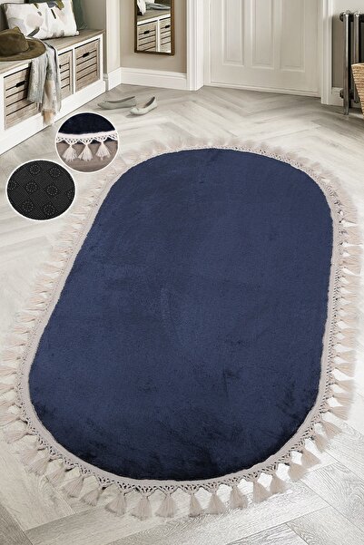 Dokumacıoğlu Relax Lacivert Leke Tutmaz Yıkanabilir Kaymaz Saçaklı Oval Püskü...