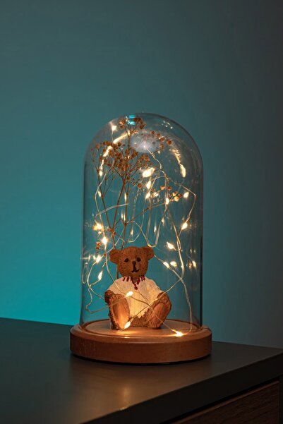 BY-LAMP Işıklı Fanus Ayı Ve Çiçek Figürlü Lamba Çocuk Odası Hediyesi Gece Lambası Ahşap Taban