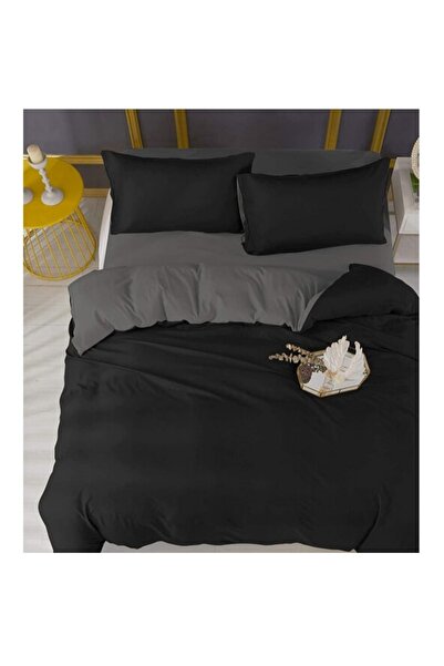 MORRİVAL طقم غطاء لحاف مزدوج الجوانب أسود + أنثراسايت، غطاء لحاف + كيس وسادة