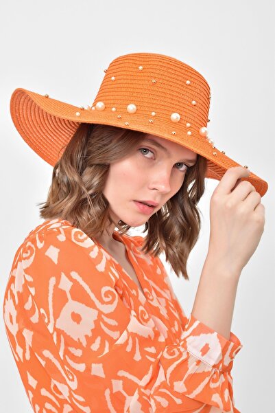 Saria Moda Pălărie largă de paie cu detalii de perle