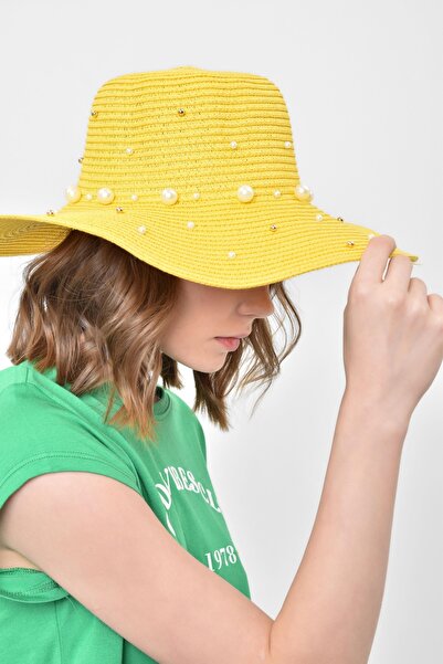 Saria Moda Inci Detaylı Geniş Hasır Şapka