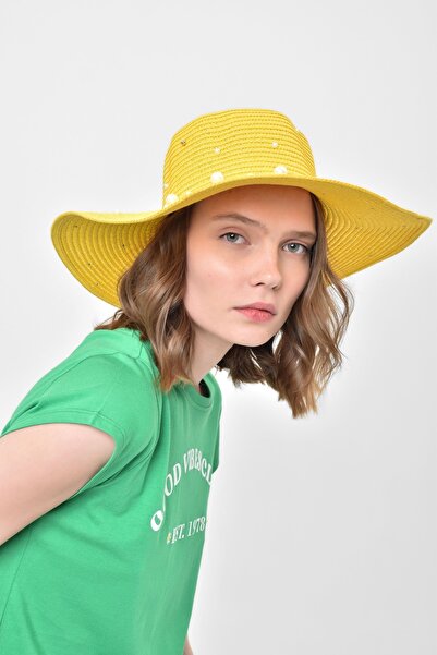 Saria Moda Inci Detaylı Geniş Hasır Şapka