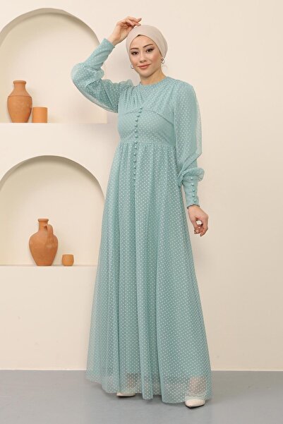 Modamihram Zapinana na guziki szczegółowa tiulowa suknia wieczorowa Mint 12237