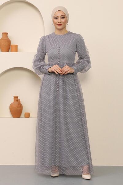 Modamihram Abendkleid aus Tüll mit Knöpfen, Grau 12237