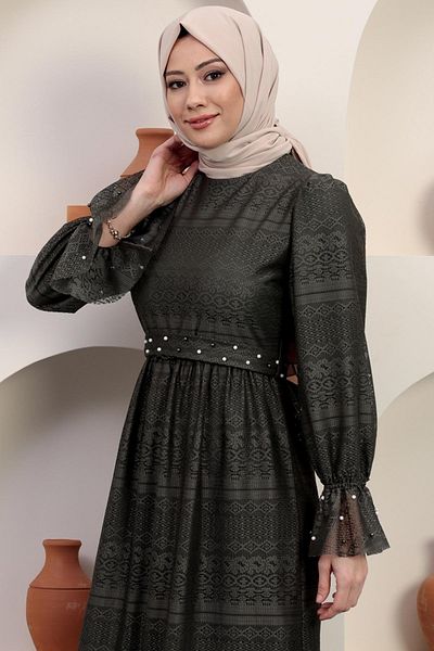 Modamihram Pearl Detailed Lace Evening Dress Khaki 12239