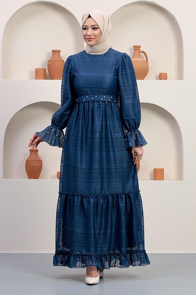 Modamihram Rochie de seara din dantela cu perle Indigo 12239