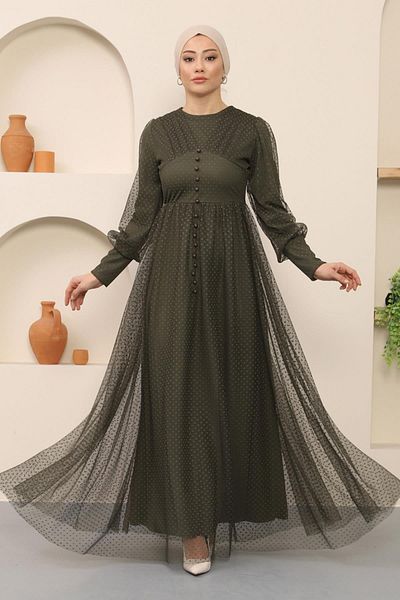 Modamihram Button Detailed Tulle Evening Dress Khaki 12237