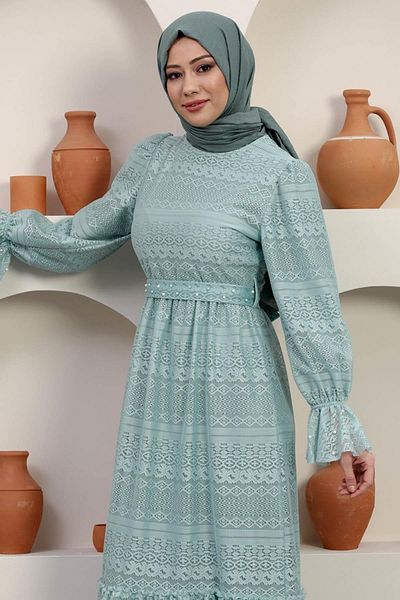 Modamihram Večerné šaty z perleťovej detailnej čipky Mint 12239