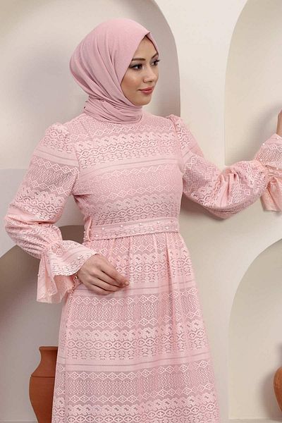 Modamihram Rochie de seară din dantelă cu perle, pudră 12239