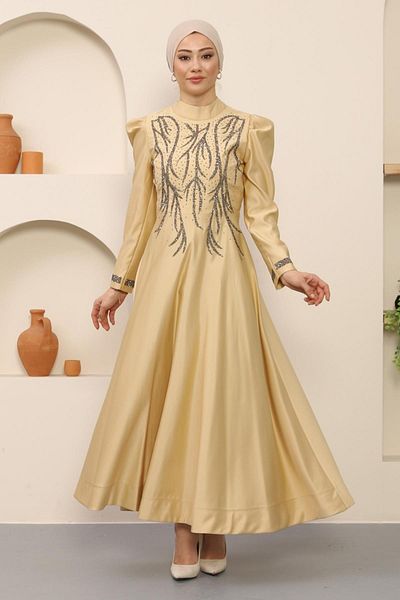 Modamihram Rochie de seara din satin cu pietre auriu 12247