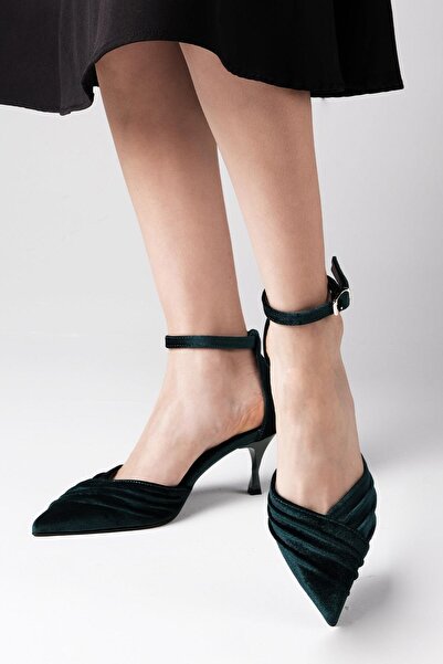 Mio Gusto Dina Yeşil Renk Kadife Kumaş Kadın Topuklu Ayakkabı