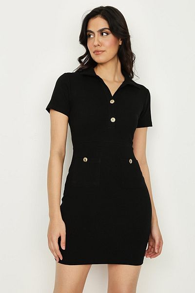Select Moda Women's Black Button Detailed Ribbed Knitted Dress