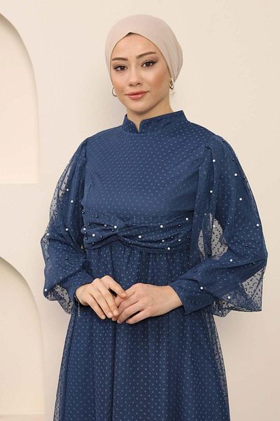 Modamihram Perlendetailliertes Tüll-Abendkleid Indigo 12238