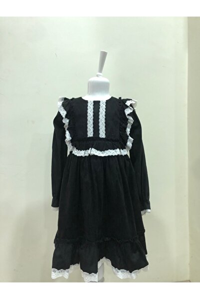 ÖFİ Kids Kız Fırfırlı Sade Düz Siy Süet Uzun Kollu Elbise