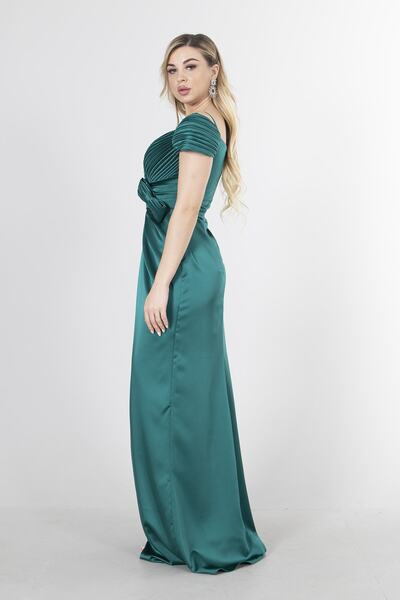 Feminist Boat Neck Drape Detailed Slit Satin Evening Dress Emerald1302052