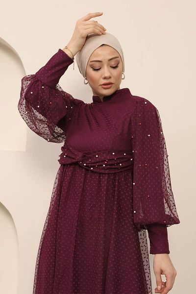 Modamihram Perlendetailliertes Tüll-Abendkleid Pflaume 12238